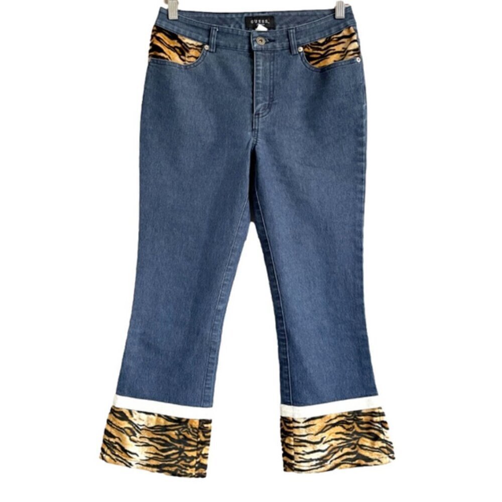 Vintage Y2K Guess Bootcut Cropped Jeans w/ Faux Fur Trim - 28" - Picture 3 of 12